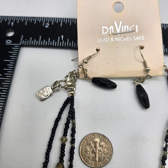 Vintage Necklace Set DaVinci Three Strand Black Seed Beads Dangle Earrings - Picture 4 of 5